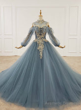 Dark Blue Ball Gown Tulle High Neck Long Sleeve Sequins Wedding Dress